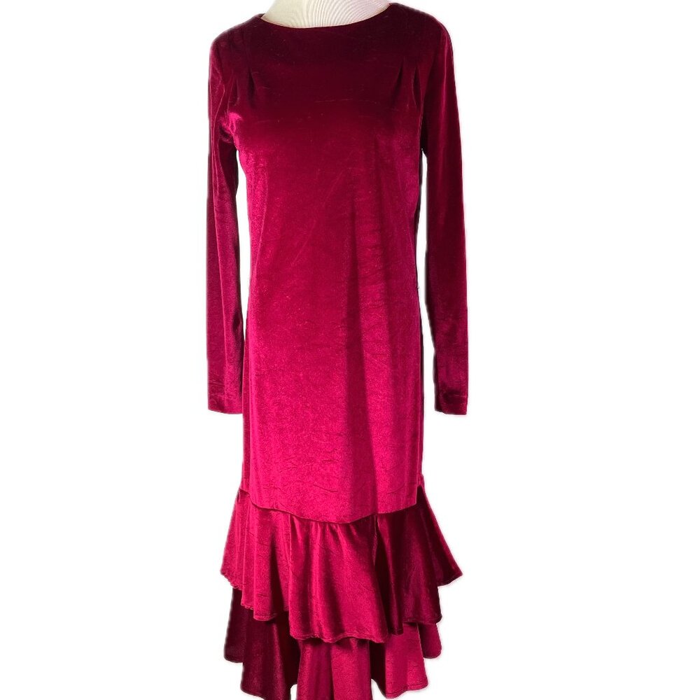 Vintage 1970s Herman Marcus 10 Long Sleeve Velvet Dress Ruffle Hem Burgundy
